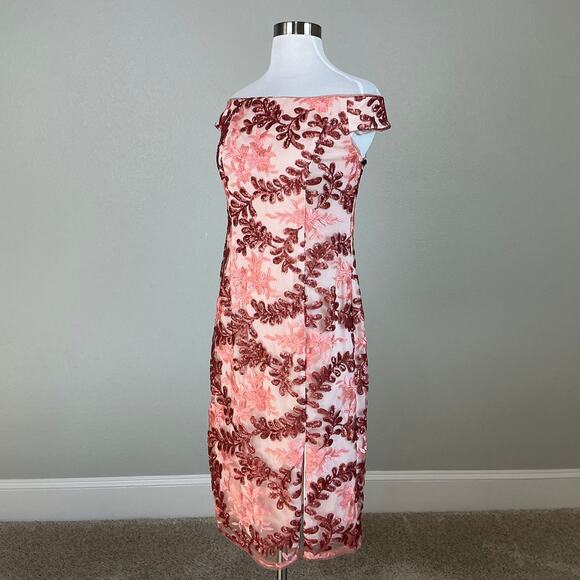 Adrianna Papell Sequin Off the Shoulder Cocktail Dress Pink Floral Midi Sheath - Picture 3 of 13